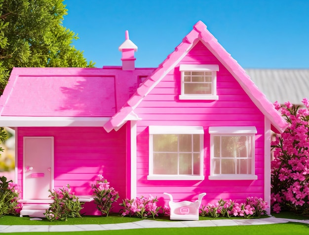 Foto rosa barbie-haus-bungalow mit leuchtend rosa dach und garten