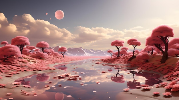 Rosa Barbie-Landschaft in der rosa Planetenwelt mit verträumtem Baum im Stil einer futuristischen Welt