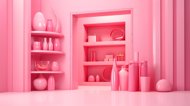 Rosa Barbie-Pabtry-Interieur mit rosa Regalen und Schrank 3D-Rendering
