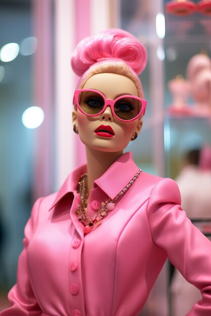 Foto rosa barbie-puppe mit brille im prada-laden im stil eines hochwertigen, detaillierten fotos