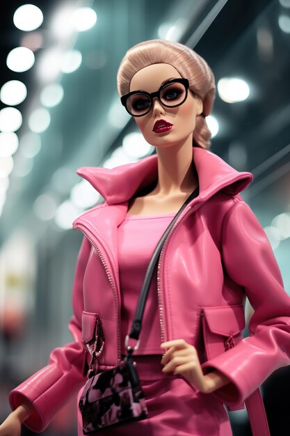 Foto rosa barbie-puppe mit brille im prada-laden im stil eines hochwertigen, detaillierten fotos