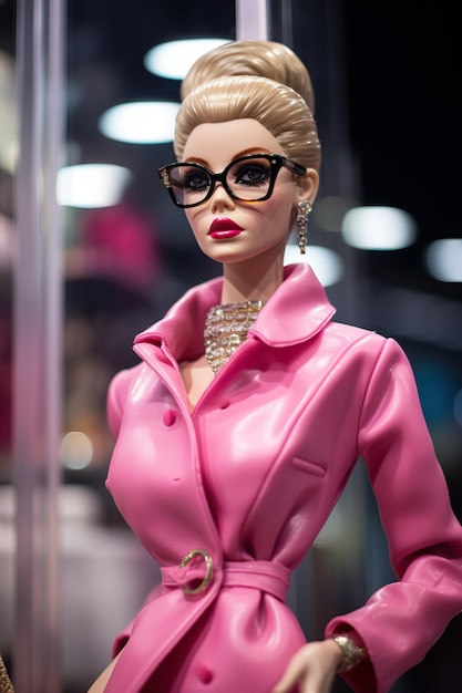 Foto rosa barbie-puppe mit brille im prada-laden im stil eines hochwertigen, detaillierten fotos