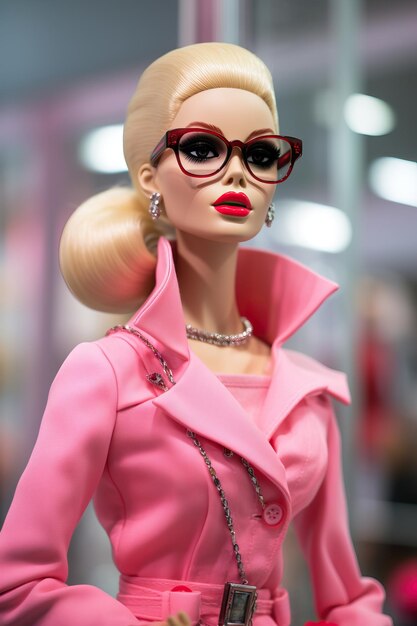 Foto rosa barbie-puppe mit brille im prada-laden im stil eines hochwertigen, detaillierten fotos