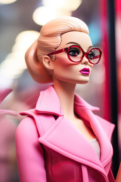 Foto rosa barbie-puppe mit brille im prada-laden im stil eines hochwertigen, detaillierten fotos