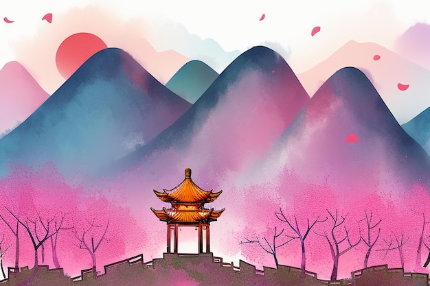 Foto rosa baumhaus berg sonnenuntergang chinesische aquarell abstrakte kunst tapete hintergrund illustration