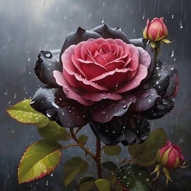 Rosa besada por la lluvia Belleza floreciente oscura