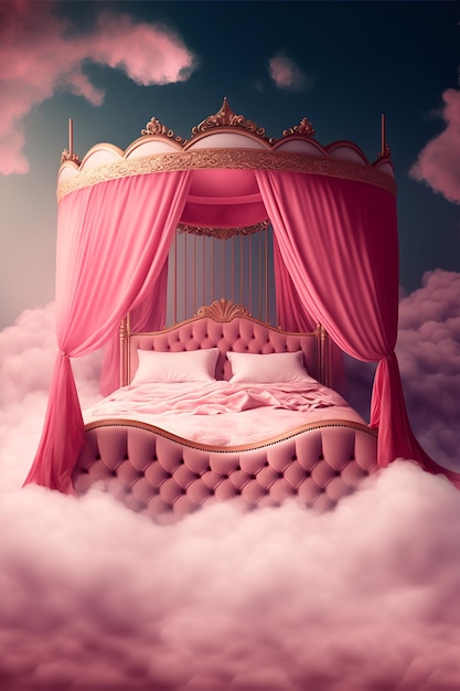 Foto rosa bett mit schleier über den wolken am himmel