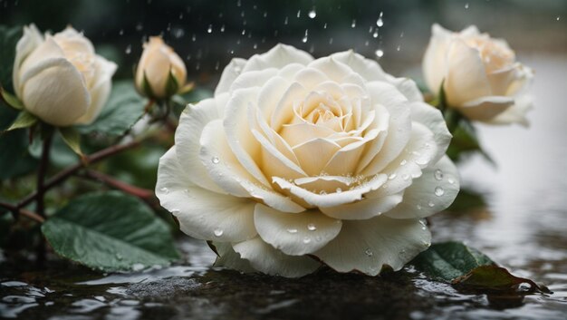 Una rosa blanca con agua caída