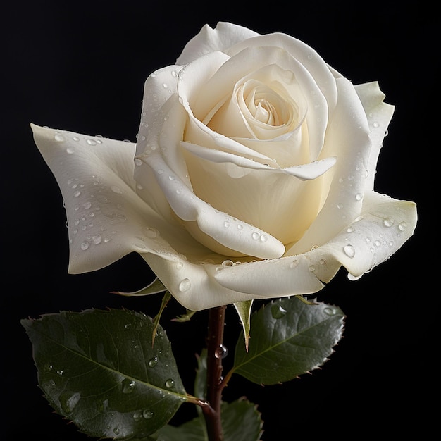 rosa blanca arafada con gotas de agua en ella contra un fondo negro generativo ai