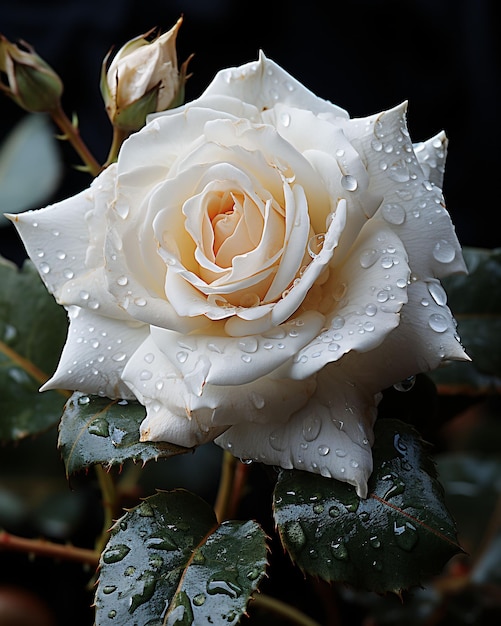 Rosa blanca floreciente con gotas de agua sobre ella aislada sobre fondo negro IA generativa