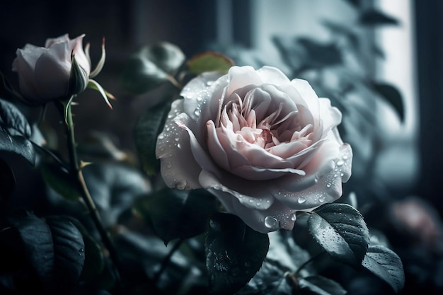 Rosa blanca floreciente en gotas de rocío de cerca