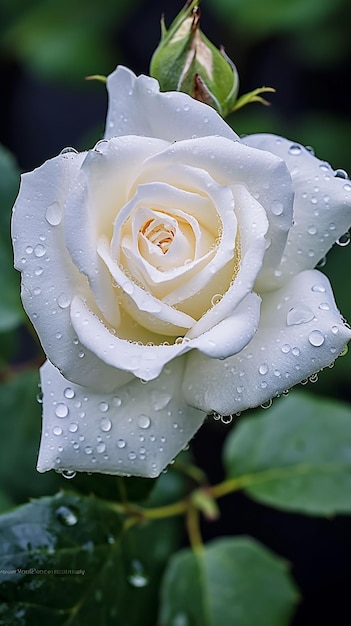 Rosa blanca con gotas de agua en los pétalos