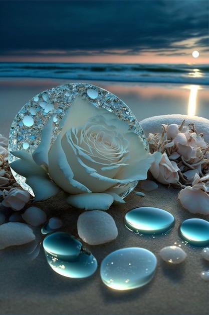 Rosa blanca sentada en la cima de una playa de arena Ai generativo