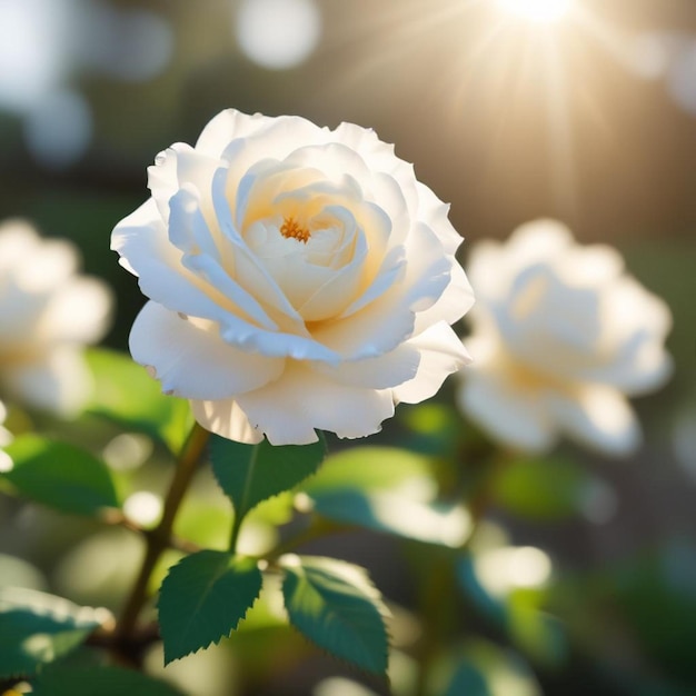 una rosa blanca con el sol brillando a través de las hojas