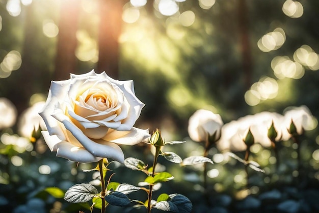 una rosa blanca con el sol detrás de ella