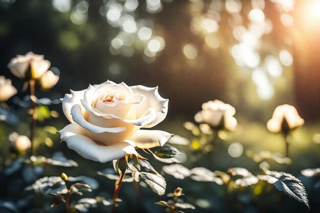 una rosa blanca con el sol detrás de ella