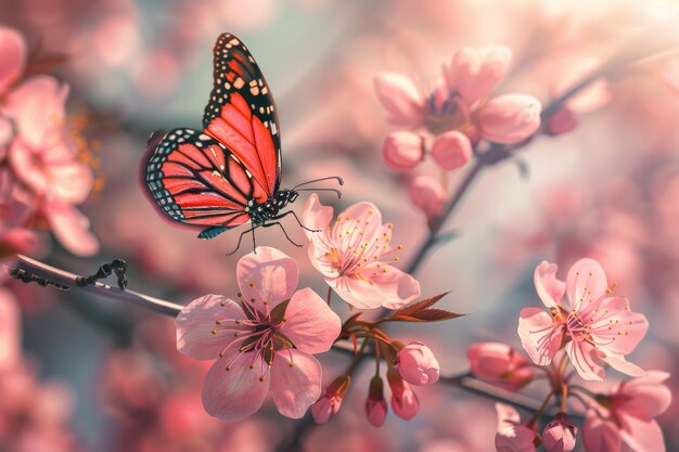 Rosa Blüte einer orientalischen Kirsch in und Schmetterling