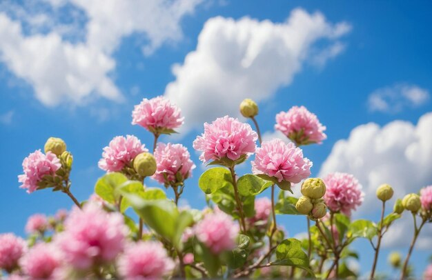 Rosa Blüten vor einem verschwommenen, bewölkten, blauen Himmelshintergrund