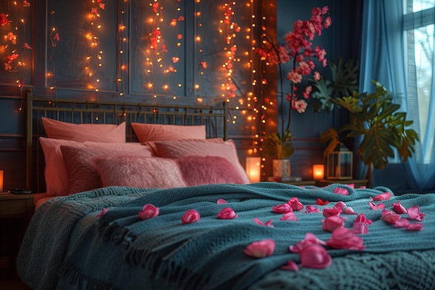 Rosa Blütenblätter auf einem Bett in einem Schlafzimmer, das für den Valentinstag mit Lichtern an der Wand geschmückt ist