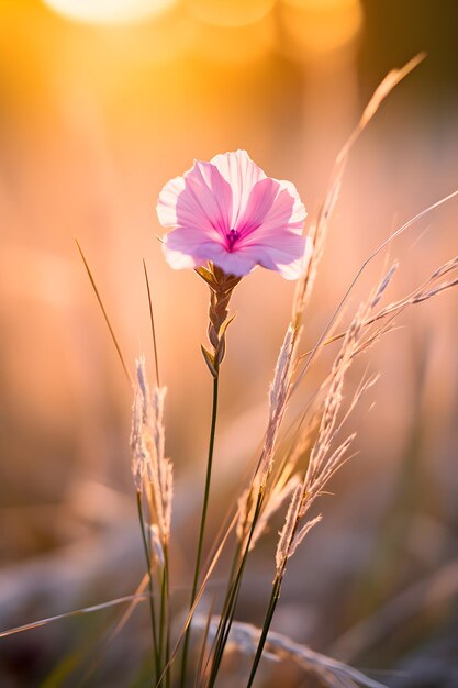 Rosa Blume auf dem Feld bei Sonnenuntergang