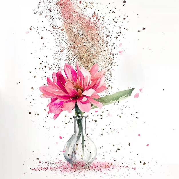 rosa Blume in einer Vase im Glamour-Stil goldene Glitzer Aquarell-Illustration auf weißem Hintergrund