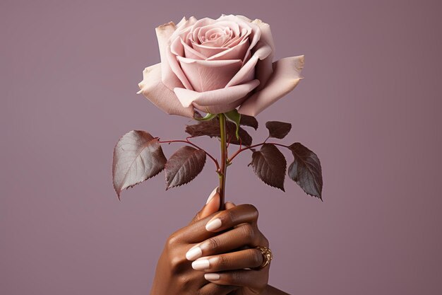 Rosa Blume mit rosa Schleife in den Händen einer Frau