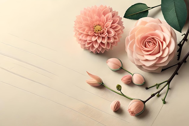 Rosa Blumen auf weißem Hintergrund mit einer rosa Blume auf der rechten Seite