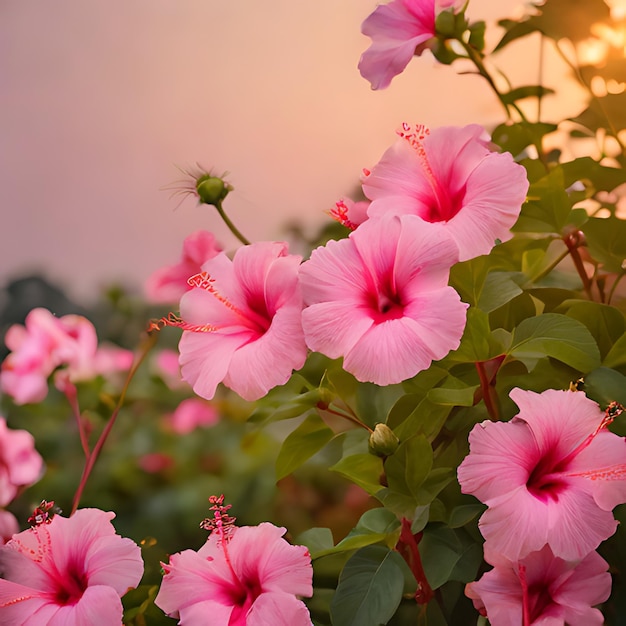 rosa Blumen, hinter denen die Sonne untergeht