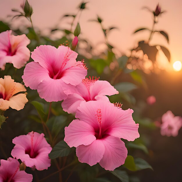 rosa Blumen, hinter denen die Sonne untergeht