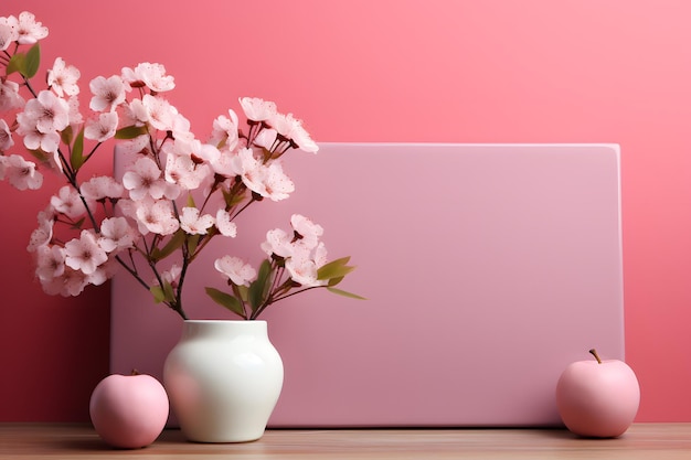 Rosa Blumen in einer Vase auf einem Holztisch.