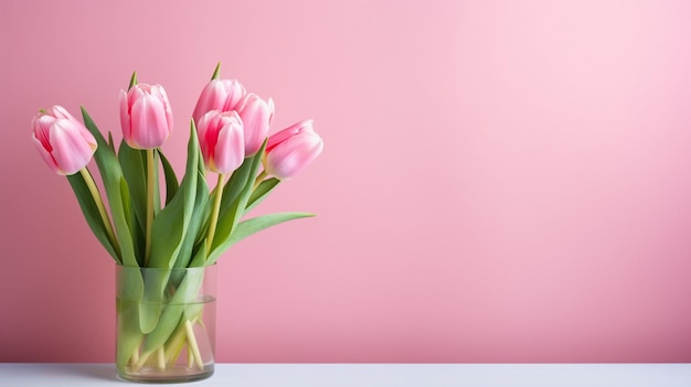 Rosa Blumen in Vase auf rosa Hintergrund Feier des Frühlings generative KI