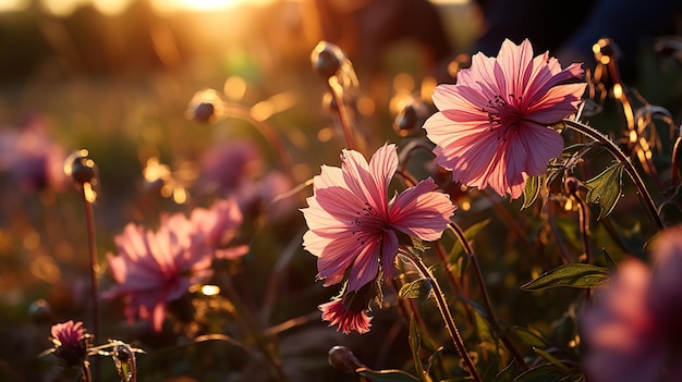 Rosa Blumen leuchten im Sonnenuntergang