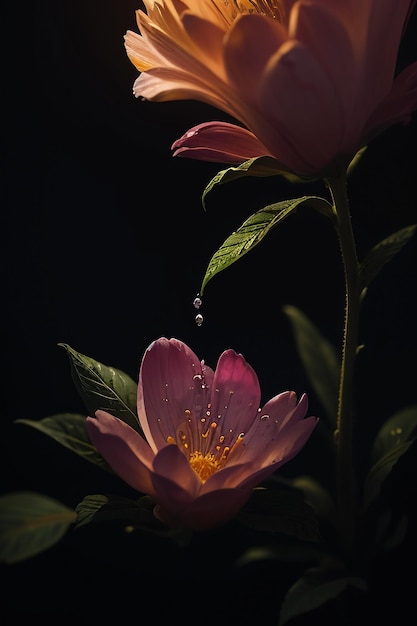 Rosa Blumen mit Wassertropfen darauf.