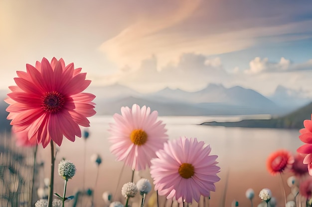 Rosa Blumen vor einem Berg mit einem bewölkten Himmel im Hintergrund.