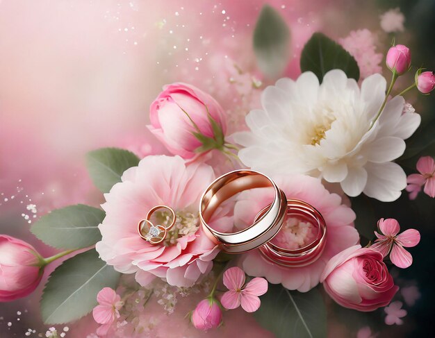 Foto rosa blumiger hintergrund mit blumen und hochzeitsringen