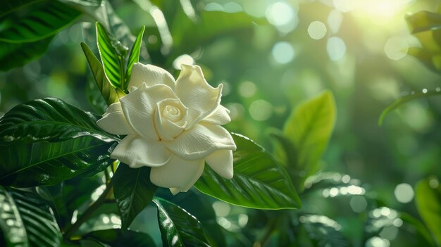 Rosa branca serena banhada pela luz solar entre folhagem verde exuberante em um jardim tranquilo