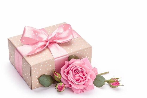 Foto rosa y caja de regalos aislada sobre fondo blanco rosa simple