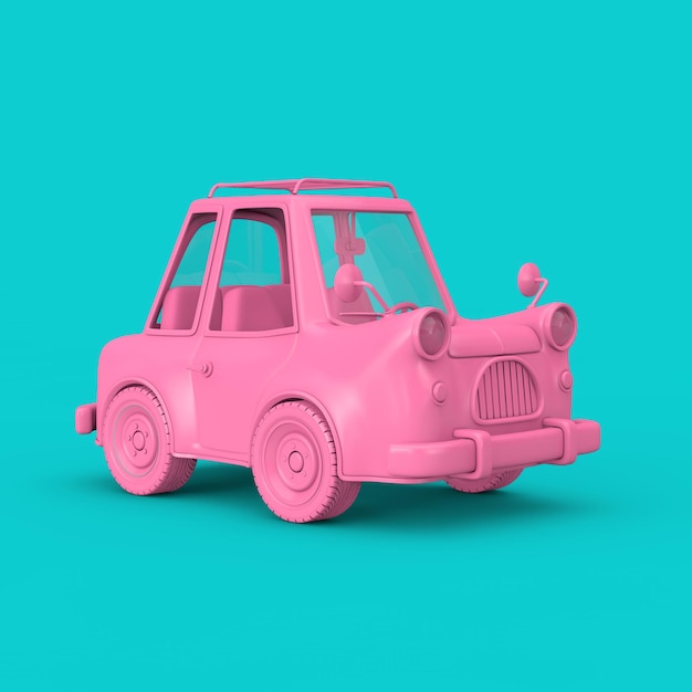 Rosa Cartoon-Auto im Duotone-Stil auf blauem Grund. 3D-Rendering