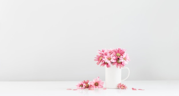 Rosa Chrysanthemen in weißer Tasse auf weißem Hintergrund