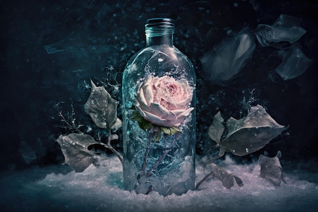 Rosa congelada con copos de nieve sobre pétalos de flores en botella sobre fondo oscuro creado con generativo