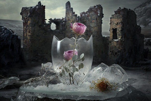 Rosa congelada em vaso de vidro transparente na mesa contra o fundo do castelo arruinado criado com gene