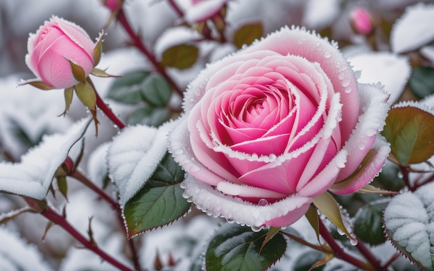 Una rosa congelada escondida en un arbusto