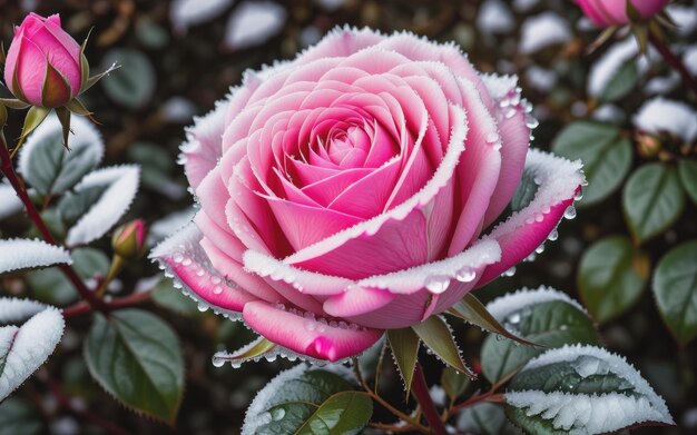 Una rosa congelada escondida en un arbusto