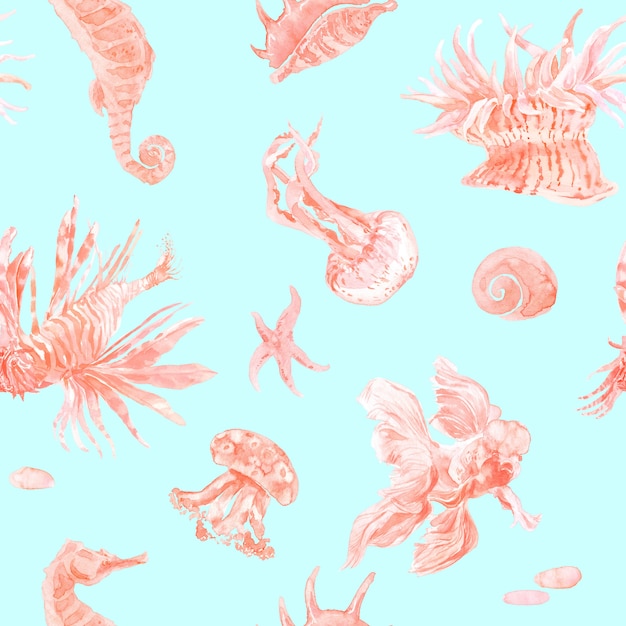 Foto rosa coral mint watercolor seamless pattern. peixe, água-viva, hipocampo, actinium fundo. impressão têxtil