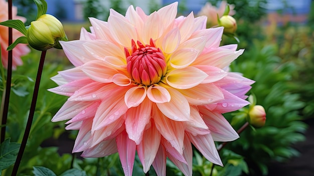 Rosa Dahlie mit gelben und rosa Blütenblättern im Garten.