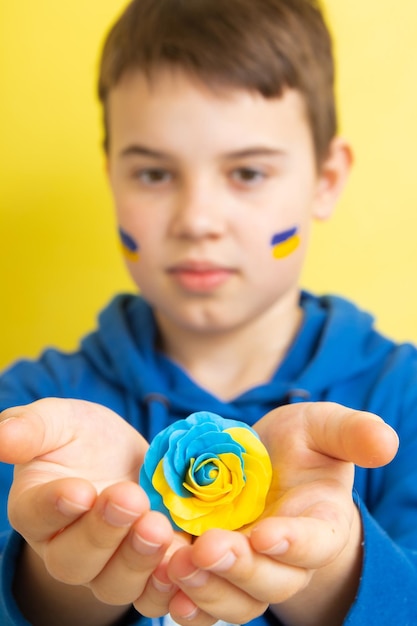 Rosa de cores amarelas e azuis da bandeira ucraniana nas mãos de um menino