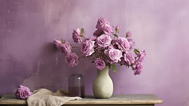 Rosa de jardim lilás Buquê de flores de rosas em vaso de vidro Decoração de casa chique gasto Morn Generative AI