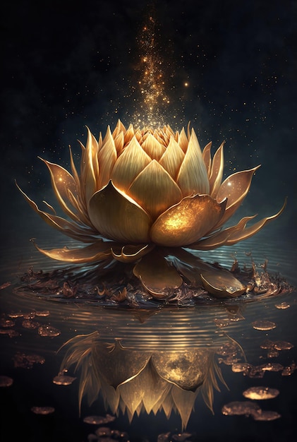 Rosa de lótus dourada floresce à noite na água no pântano Flor mágica de fantasia luz amarela de dentro do reflexo do lótus na água ilustração 3d
