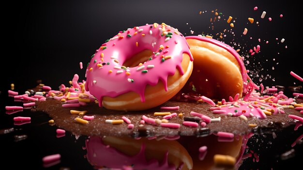 Rosa Donut fliegt und fällt auf weißen, glänzenden Hintergrund. Generative KI