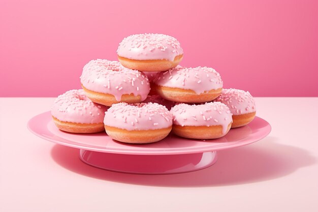 Rosa Donuts auf einem Teller mit einer Schüssel Schlagsahne zum Tauchen